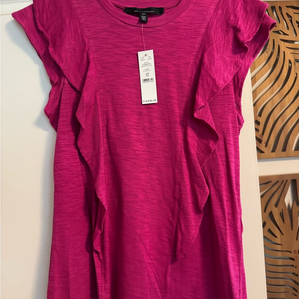 White House Black Market Ruffle Front Crew Tee Orchid Flower Pink Size XS NWT